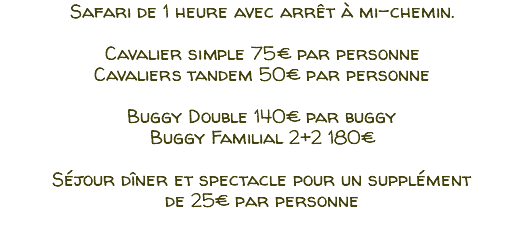 Safari de 1 heure avec arrêt à mi-chemin. Cavalier simple 75€ par personne Cavaliers tandem 50€ par personne Buggy Double 140€ par buggy Buggy Familial 2+2 180€ Séjour dîner et spectacle pour un supplément de 25€ par personne